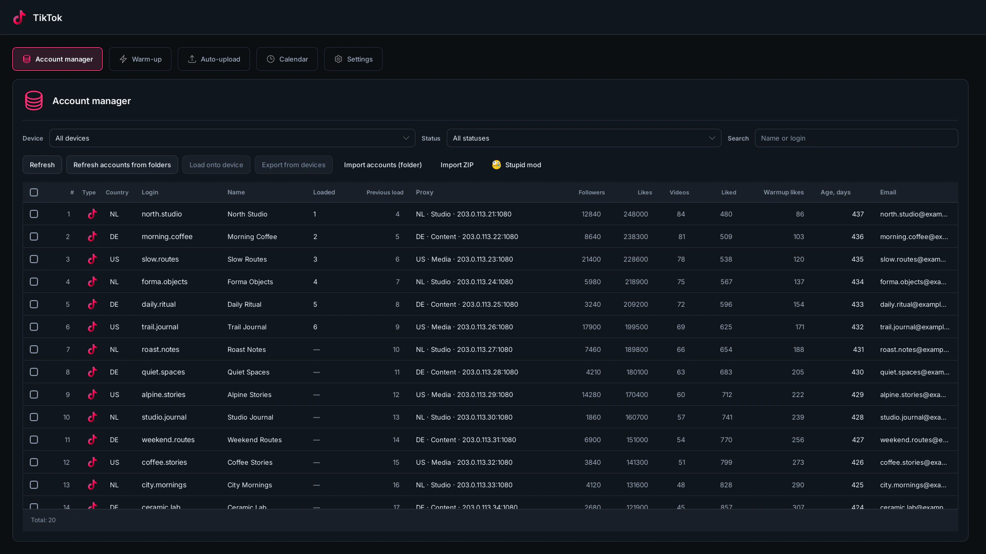 20 demo accounts with devices, proxies and statistics in one table.