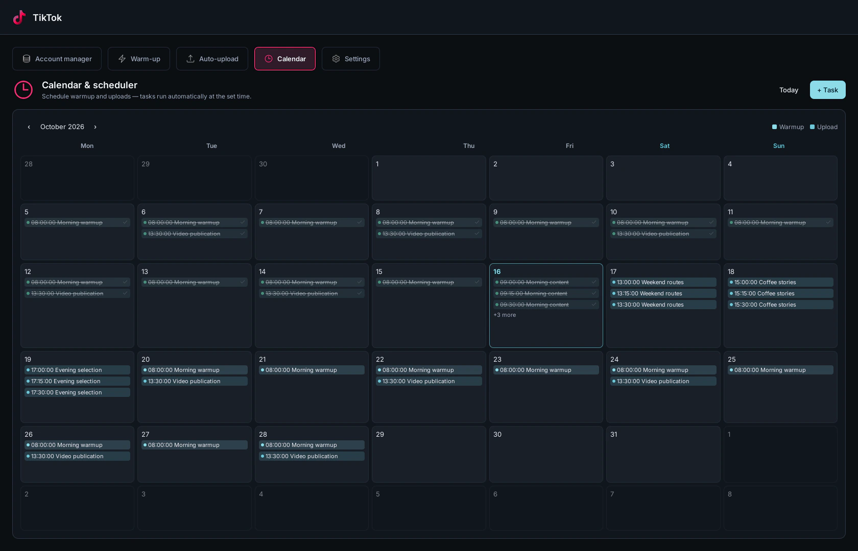 A sample month of publications and warmup sessions.