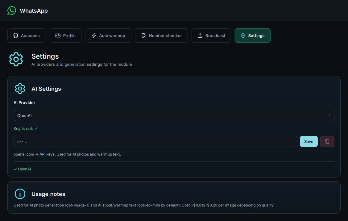 Module settings — WhatsApp / DeadSouls